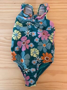 Girls Floral One-Piece Swimsuit in Teal with Pink & Orange Flowers